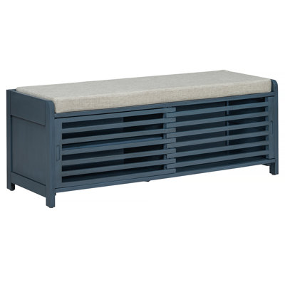 Distressed Shutter Storage Bench with Acacia Veneer for Retro Charm for Living Room, Entryway (Navy)
