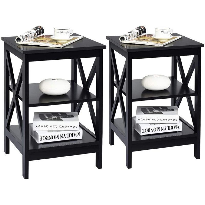 3-Tier X-Design Nightstands with Storage Shelves, Black