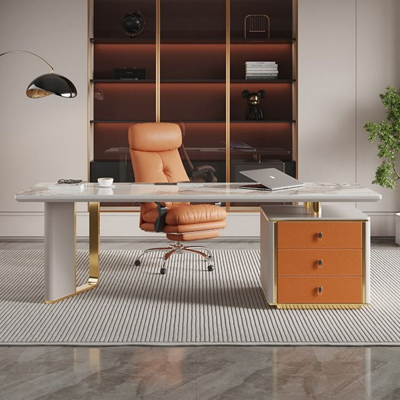 Bureaux rectangulaires en bois massif, H 29,53 po x l 55,12 po x P 27,56 po, Gris / Orange