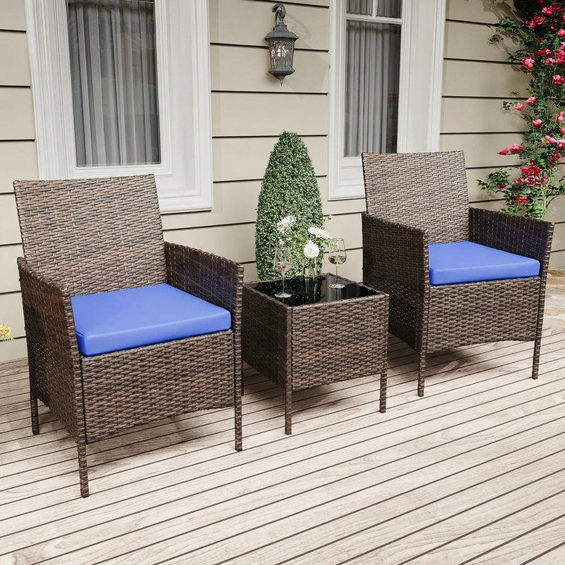Ensemble de conversation de patio 3 pièces en rotin avec 2 chaises rembourrées en osier et une table basse pour le jardin