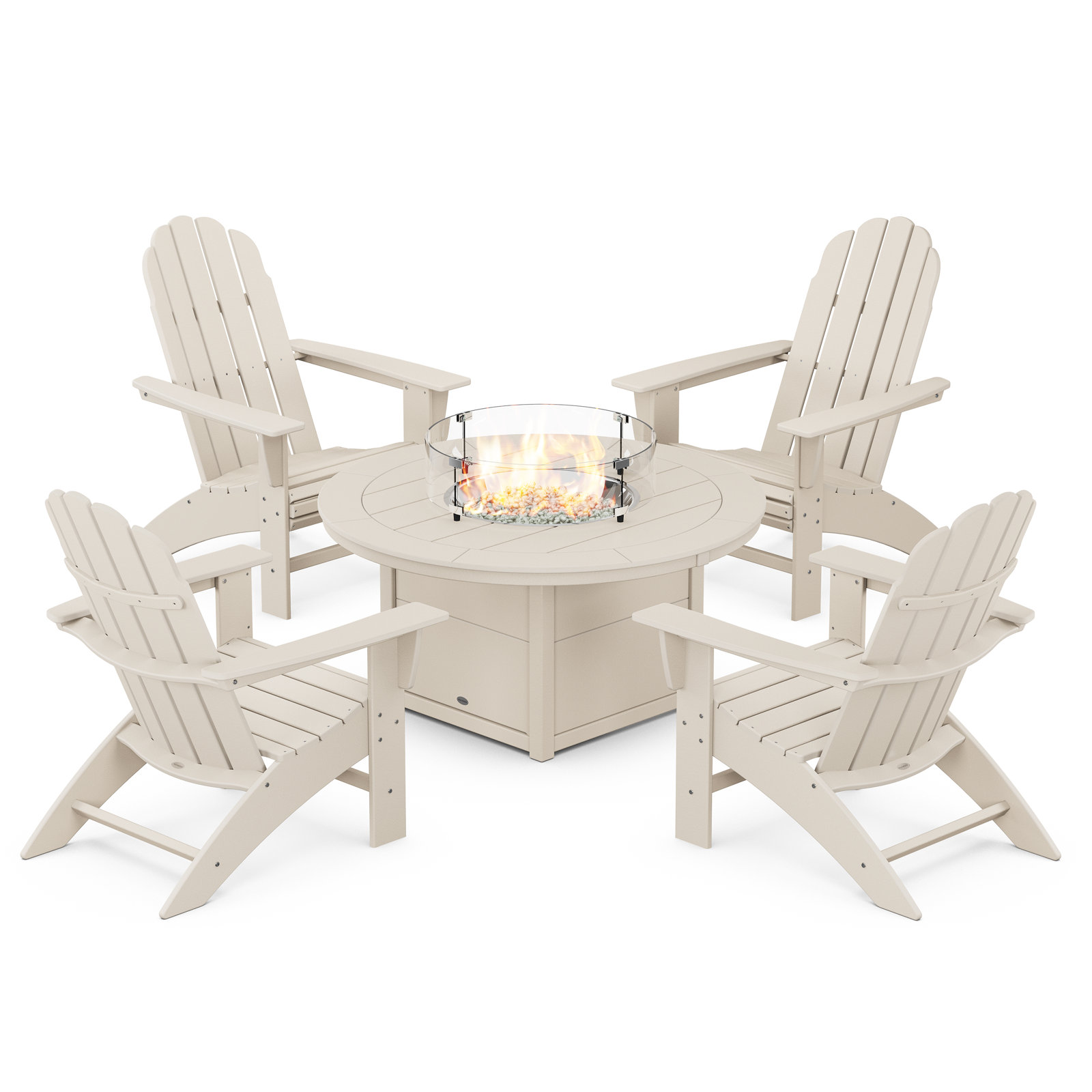 Vineyard Curveback Adirondack 5-Piece Conversation Set with Fire Pit Table, Sand