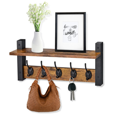 Sorbus Coat Hooks Wall Mount Floating Shelf 15.75 in W x 4.7 in D x 7.5 in H, Coat Rack with 5 Heavy Duty Hooks – Floating Wall Shelf with Hooks for Entryway, Bathroom, Bedroom, Kitchen, or Mudroom, Brown