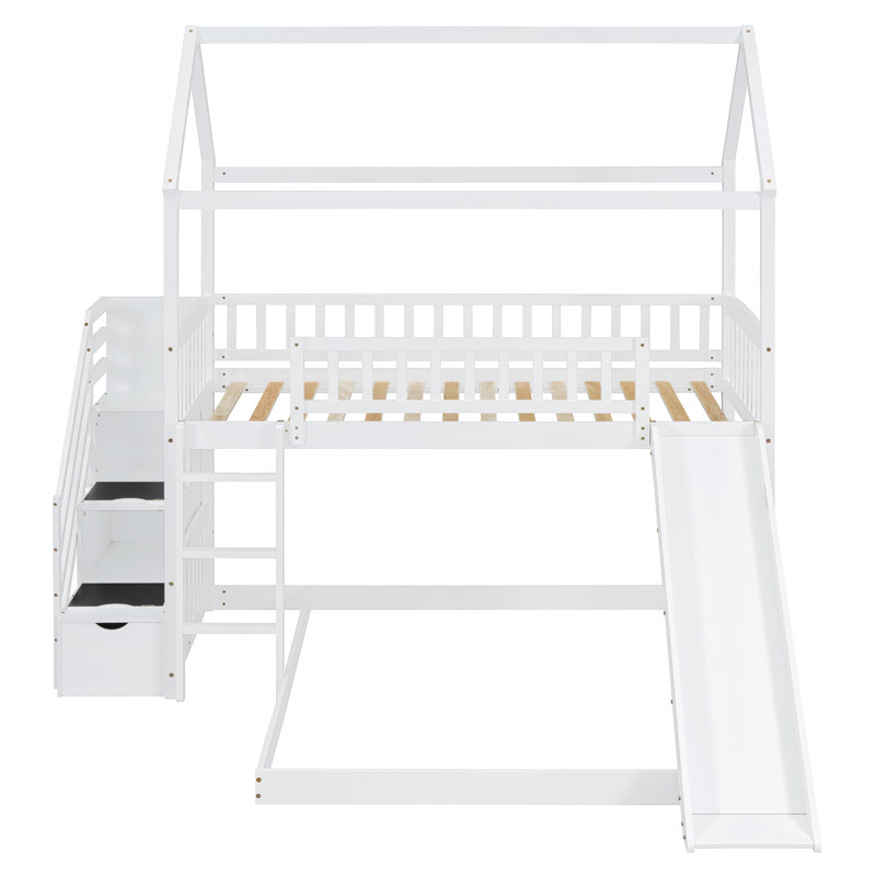 Twin Over Full Bunk Bed With Slide and Storage Stairs, White