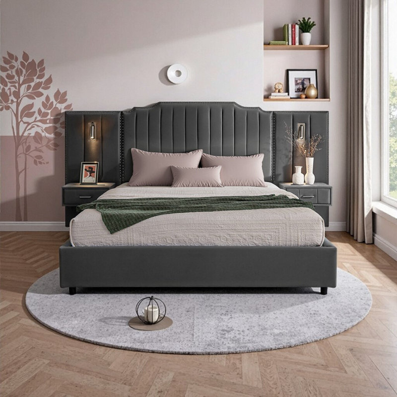 Structure de lit grand tapissier avec tête de lit VARELON, table de chevet intégrée et lampe de lecture réglable - tissu velours, conception stable pour les chambres à coucher modernes, aucun sommier nécessaire