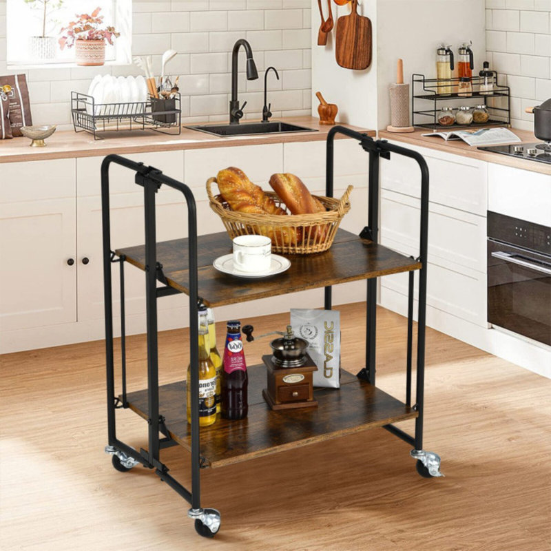 Chariot roulant pliable à 2 niveaux avec tablettes de rangement pour la cuisine
