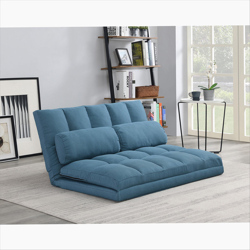 Canapé-lit à 3 volets, matelas pliant avec 2 coussins, rembourrage en mousse haute densité bleu, tissu en polyester, Bleu