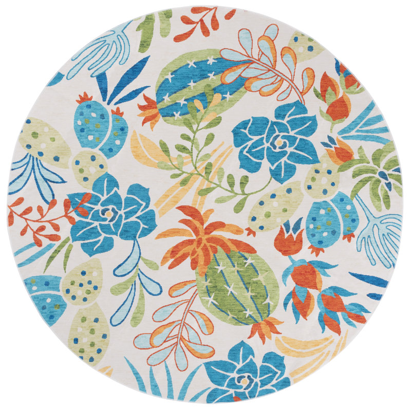 Meenakshi Performance Machine Washable Floral Rug, Round 6'