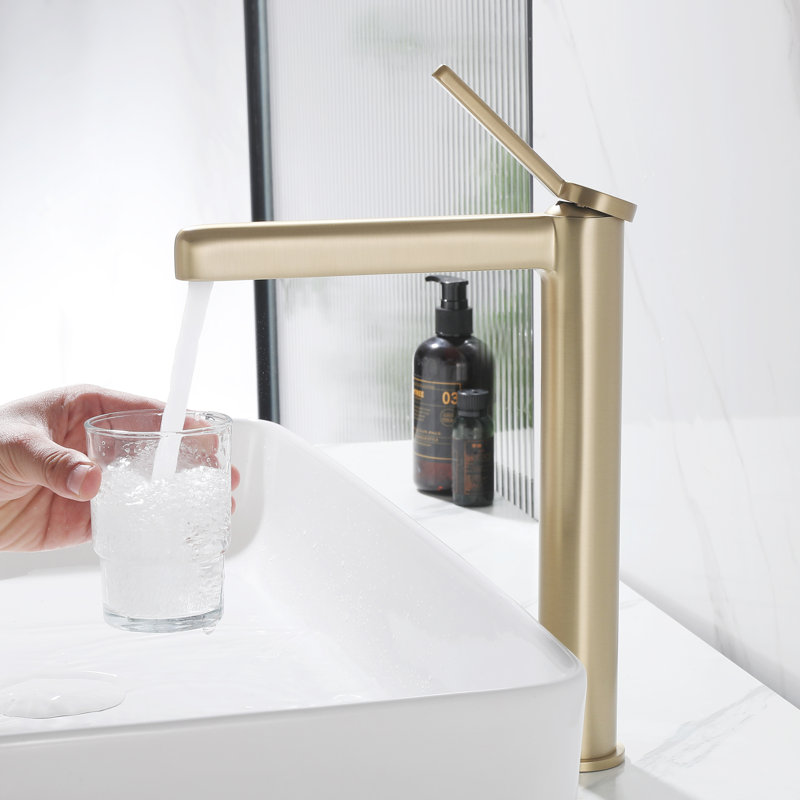 Modern Single Handle Bathroom Vessel Sink Faucet, 12.3" Height With Removable Aerator, Brushed Gold