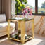 Table de bout moderne carrée avec plateau en verre trempé, tablette inférieure et structure asymétrique en métal-486463242