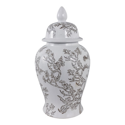 Ellport Decorative Cherry Blossom Temple Jar With Lid - Ceramic Tall Home Decor For Table Styling - Elegant Jar Or Vase For Entryway Accent - White & Brown