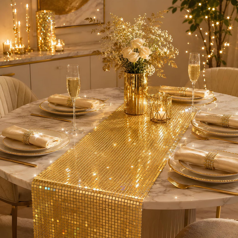 Chemin de table disco à paillettes dorées | Décoration de boule disco rétro des années 70 et 80 à l'intérieur et à l'extérieur - Bling Sequin