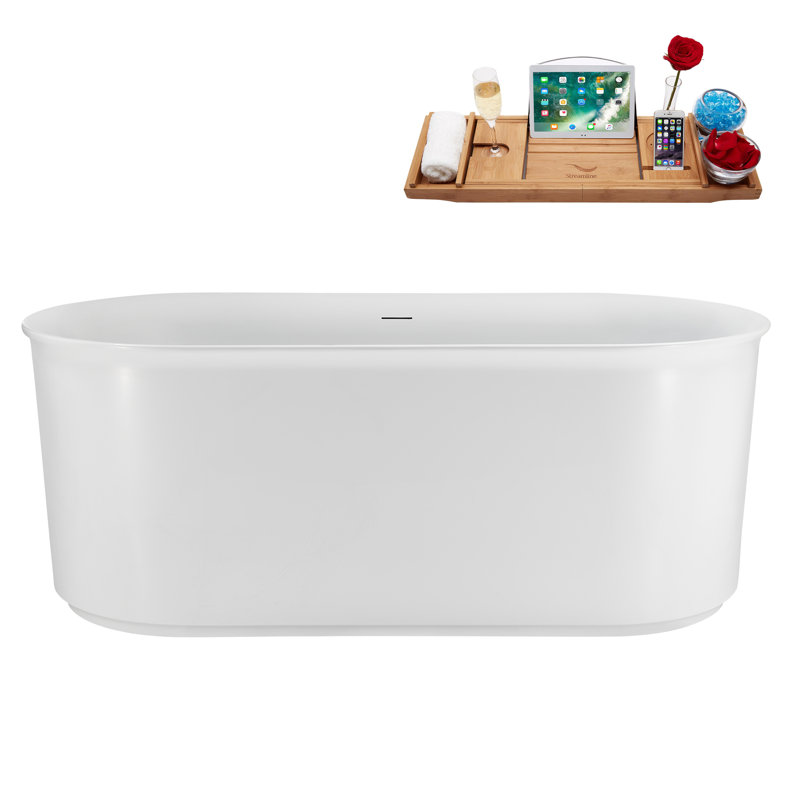 59" Streamlin Soaking Freestanding Tub and Tray With Internal Drain, Polished Chrome