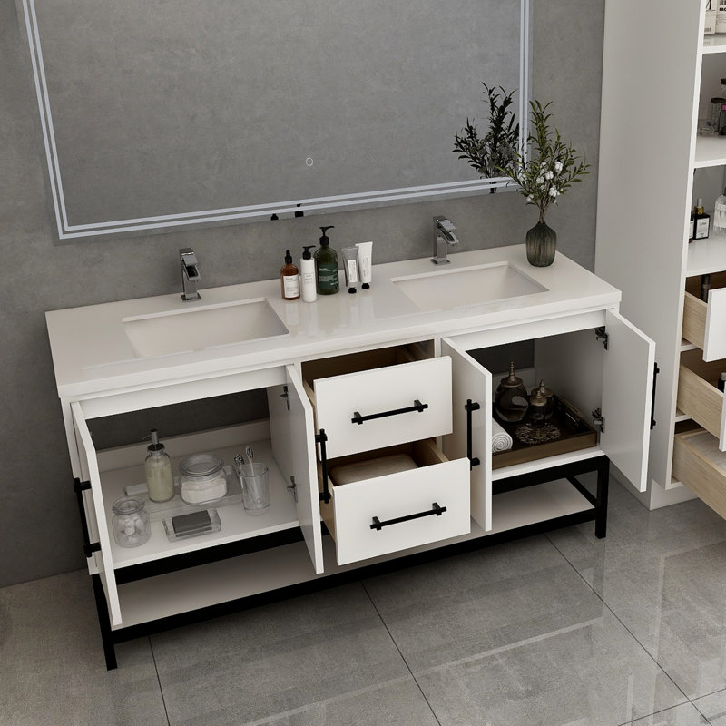 Victoria 60'' Wall-Mounted Vanity with Double Reinforced Acrylic Sink & Rack, Gloss White