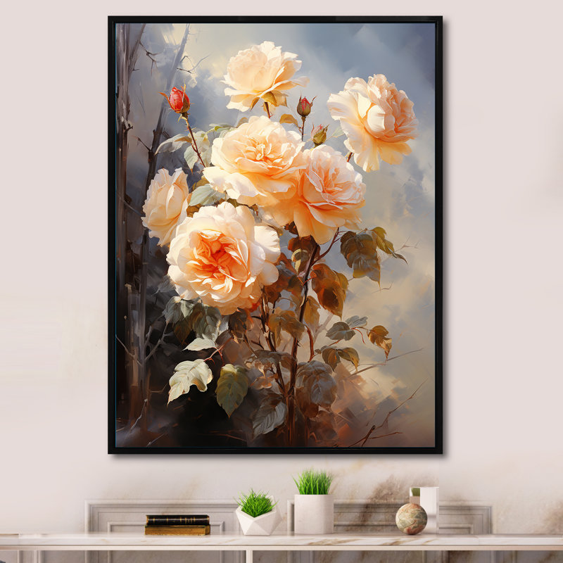 Impression romantique Carsta Peach Roses II, Cadre flottant noir, H 32 po x l 16 po x P 1 po