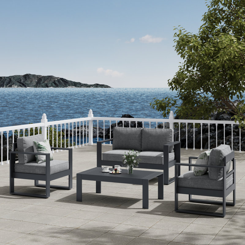 Standalone Product 4 Piece Sofa Seating Group With Cushions, Dark Grey/Grey
