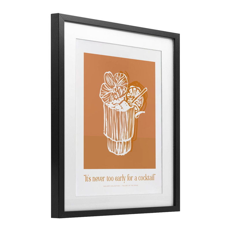 «Never Too Early For Cocktail», reproduction encadrée sous verre, design par lettré et doublé, Cadre noir minuit