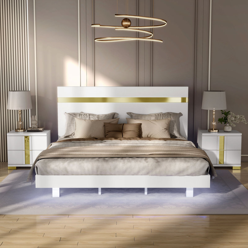 Ensemble de chambre avec lit plateforme 3 pièces Clemson, Blanc, 3 Pcs: Bed, 2 Nightstands, Simple