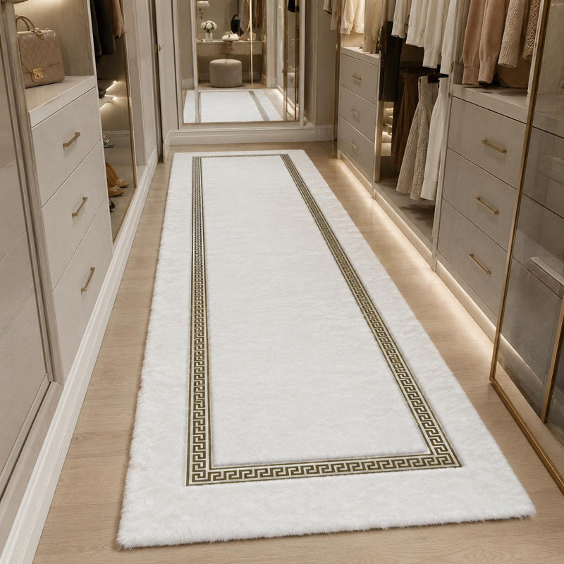 Tapis blanc moelleux, bordure géométrique argentée, fausse fourrure douce, décor moderne (format personnalisé), 3 x 5 ft