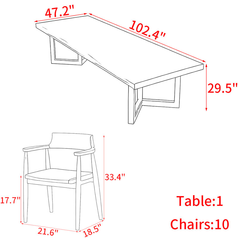 Ensemble de table de salle à manger rectangulaire moderne en bois massif, H 29,5 po x L 102,4 po x l 47,2 po