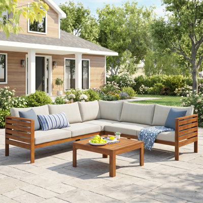 Ensemble de canapé d'extérieur en bois d'acacia de style japonais avec coussins beiges - sièges de jardin et de patio flexibles