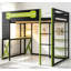 Lit mezzanine en bois pleine grandeur avec bureau, tablettes, prises de courant, ports USB / Type-C et lumière RVB, noir et vert