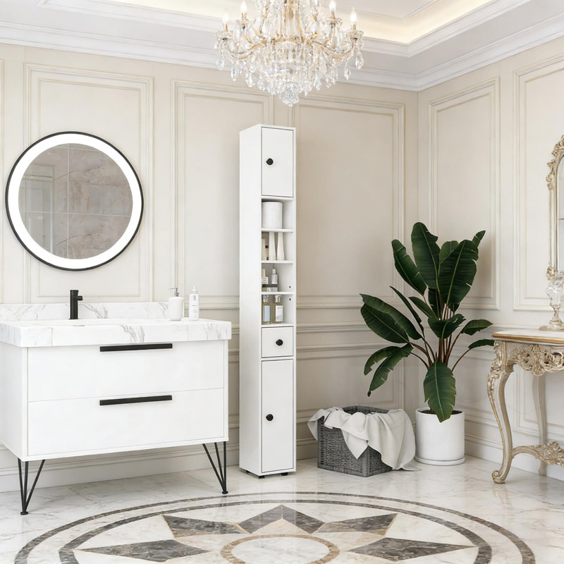 Armoire de rangement mince avec tiroir et tablette ouverte