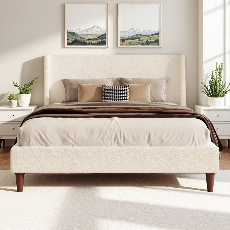 Wingback Upholstered Bed with Walnut Legs, King, Ivory Boucle