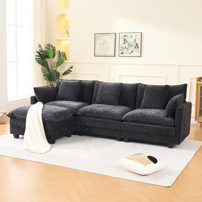 3 - Seat Black Chenille Upholstered Sectional With Movable , Convertible To Recliner, For Bedroom Lounging And L Shaped Design, High Density Sponge, Office Use