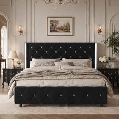 Alber Upholstered Bed Frame With Diamond Tufted Headboard, Modern Wingback, No Box Spring Needed