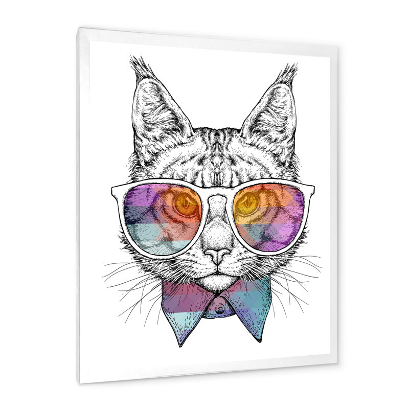 Chat mignon avec des lunettes de soleil - Cadre photo sur toile, Cadre photo blanc, H 32 po x l 16 po x P 1 po