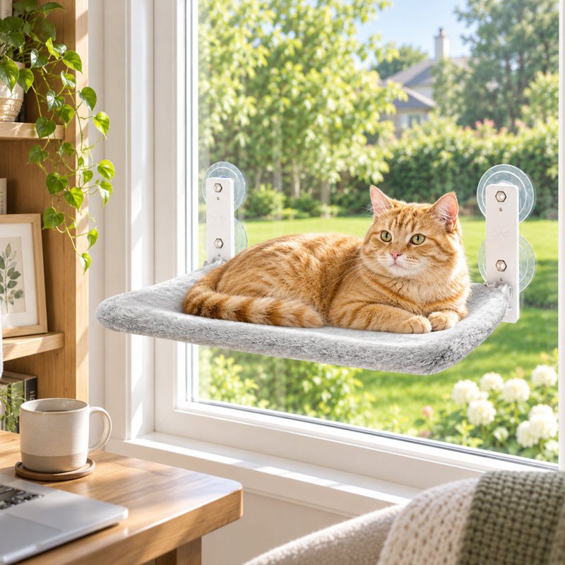 Perchoir pliable pour chat à fenêtre, revêtement réversible en peluche et filet, structure en métal