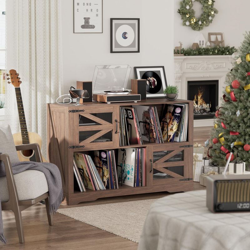 Farmhouse Large Record Player Cabinet with Barn Doors, Holds 500+ Vinyl Records, Built-in 2 AC Outlets & 2 USB Ports, Sturdy Metal Dividers for Living Room or Music Room