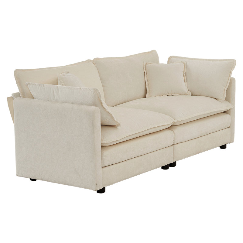 2 canapé en chenille beige: sièges de salon en tissu d'ameublement et en chenille. Structure en bois massif pour plus de stabilité. Rembourrage haute éponge. Revêtement respirant. Dispositions personnalisables. Assemblage facile
