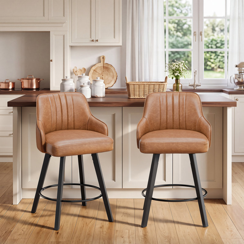 Tabouret de bar moderne rembourré et rembourré en cuir de polyuréthane épais avec pieds en bois, Brun, 2