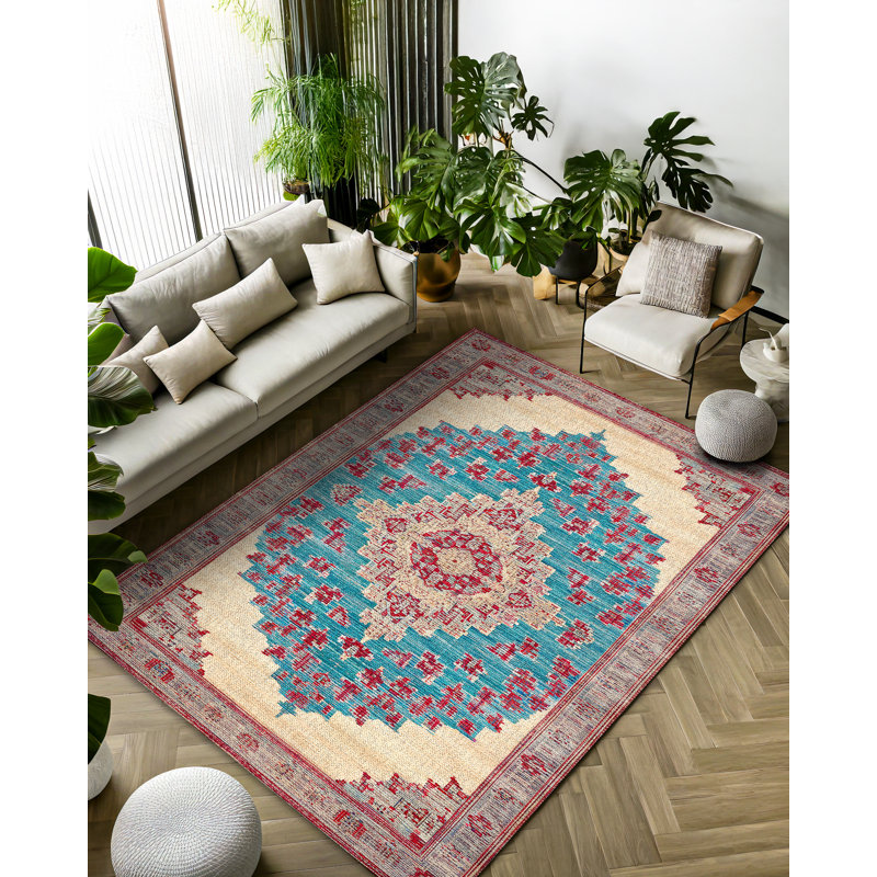 Tapis en coton à imprimé oriental bleu Gulustan, Rond 3 pi 4 po