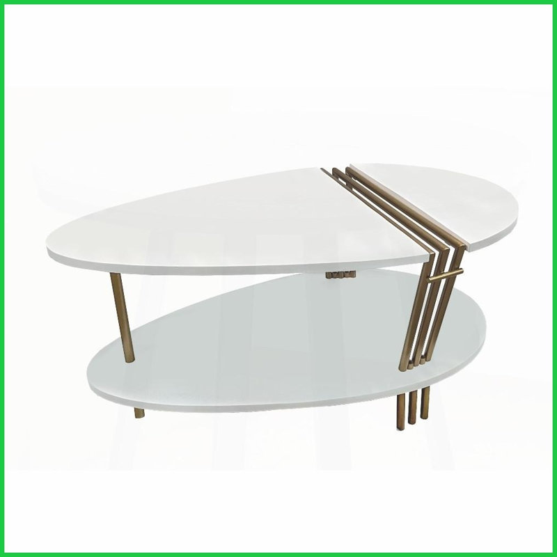 Table basse 36 po ovale en bois de manguier blanc - Style contemporain moderne avec pieds en laiton antique, tablette peu encombrante