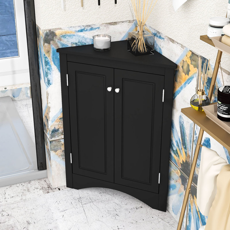 Wood Corner Bathroom Storage Cabinet with Adjustable Shelves, Triangle Design for Small Spaces, Black