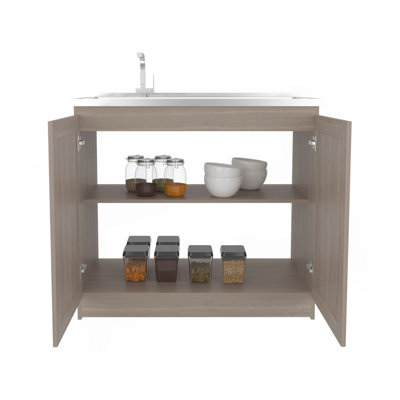 Zurich 39" Wide Utility Sink, Base Cabinet Two-Door Cabinet With Two Shelves, Stainless Steel Sink, Laundry Room, Garage Sink, Light Gray