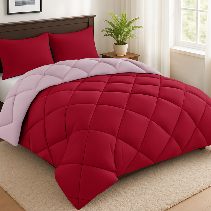 Down Alternative Microfiber Reversible Comforter Set - 3 Pcs All Season Diamond Pattern Comforter with Shams, Burgundy, KIng