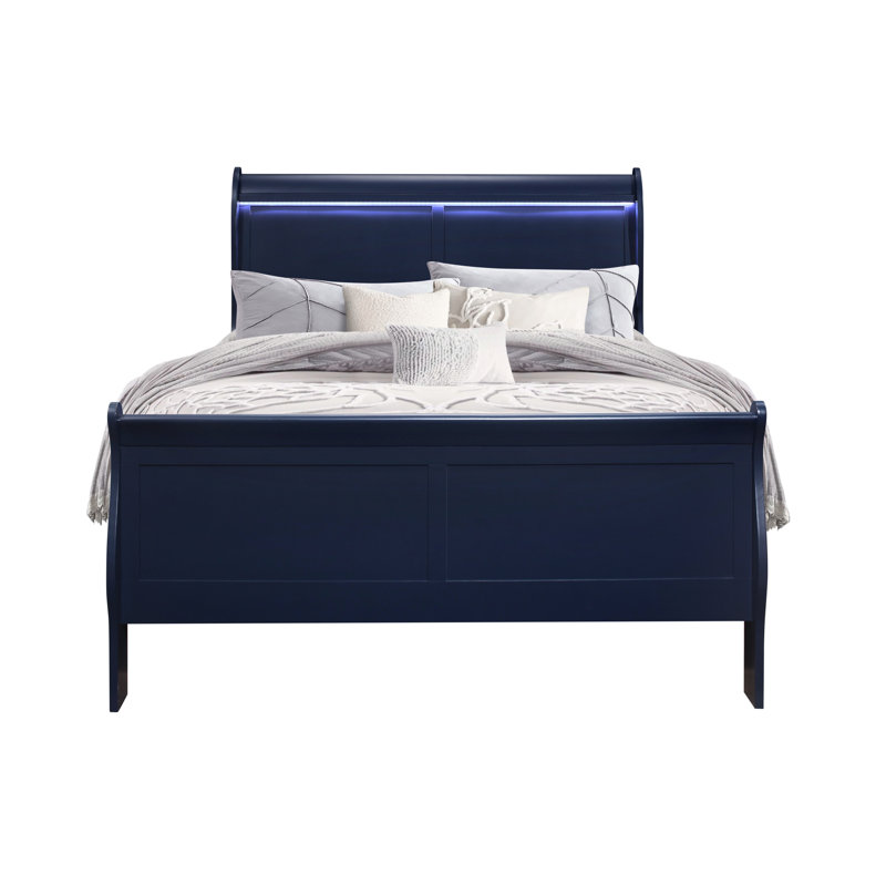 Lit double bleu avec DEL, style transitionnel, tête de panneau, bois d'hévéa et 82,86 po de largeur, 55,3 de profondeur, 46,38 de hauteur, 73,99 lb