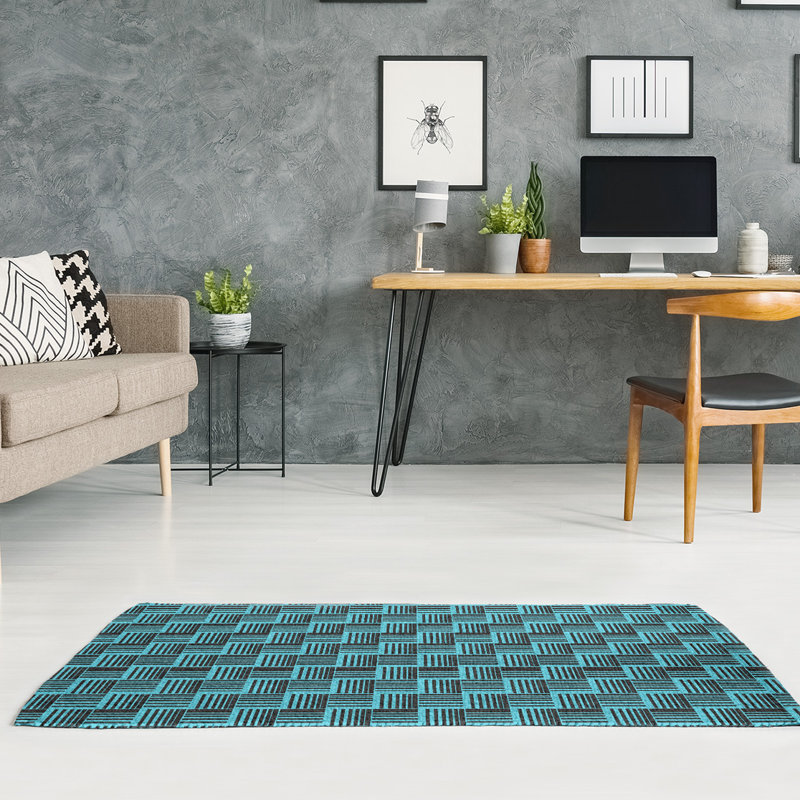 Tapis noir/bleu à rayures basketweave, Rectangle 5 pi x 7 pi
