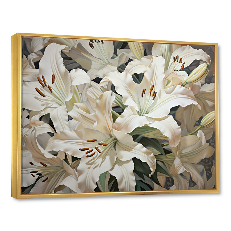 «White Lilies In Bloom Beauty III», reproduction sur toile, Cadre flottant doré, H 12 po x l 20 po x P 1 po