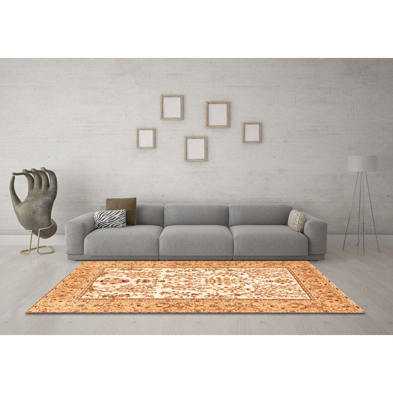 Tapis orange / ivoire en polyester tissé à la machine Emerzon, Carré 4 pi