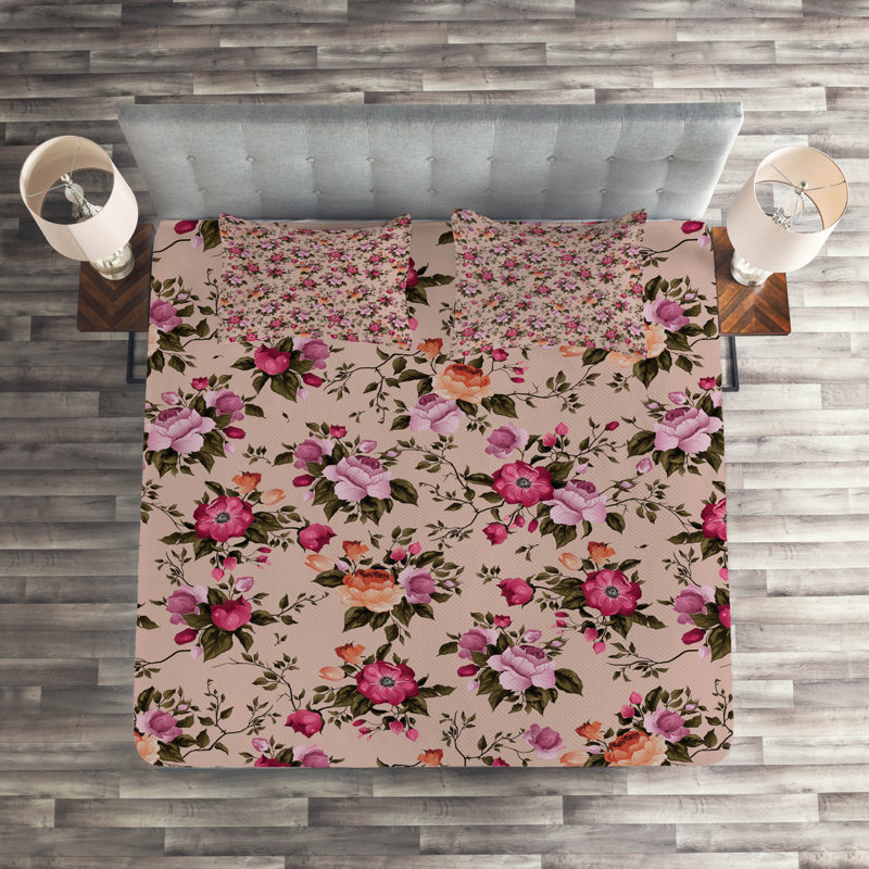 Rose Farmhouse / Country Polyester Floral Coverlet, King Bedspread + 2 Shams