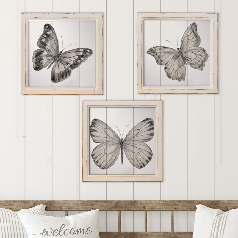 Papillon - ensemble de 3 reproductions d'art sur bois encadrées
