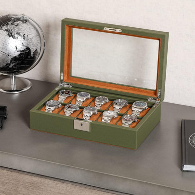 Coffret à montres en cuir à 10 emplacements - Présentoir de luxe pour bijoux - Étui de présentation verrouillable avec grand couvercle en verre (bleu/beige)