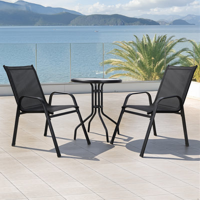 3 Piece Patio Bistro Set, Outdoor Dining Furniture Set with Round Textured Glass Tabletop & 2 Foldable Chairs, Small Folding Chairs & Table Set for Porch Garden Pool Yard