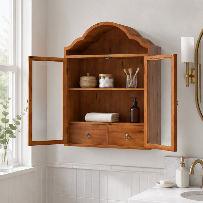 Solid Wood Wall Cabinet with Elegant Wave, Brown