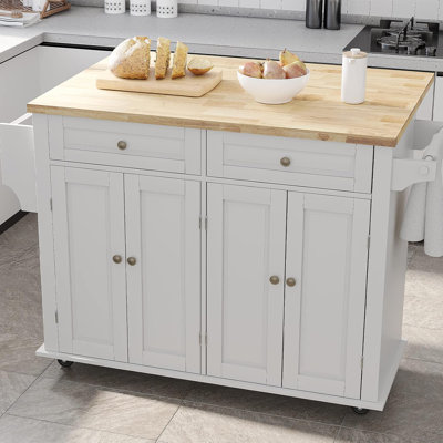 Rolling Kitchen Island With Drop Leaf, Movable Kitchen Carts On Wheels Island With Storage Cabinet, Island Table For Kitchen With Rubber Wood Top And by George Oliver