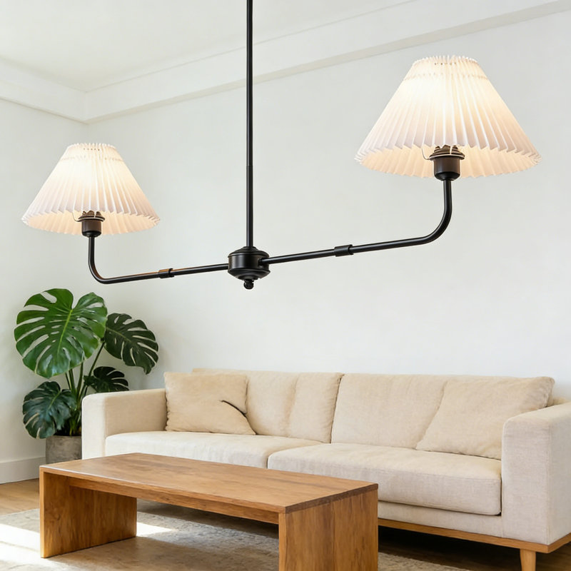 Lustre linéaire moderne avec abat-jour en tissu plissé, luminaire réglable à 2 lumières à intensité variable pour salle à manger, îlot de cuisine, salon et chambre à coucher